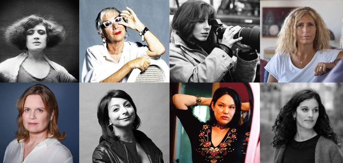 Collage di 8 registe: Elvira Notari, Lina Wertmüller, Kathrin Bigelow, Fabiana Sargentini, Selma Vilhunen, Zeina Daccache, Anna Biller e Emma Benestan.